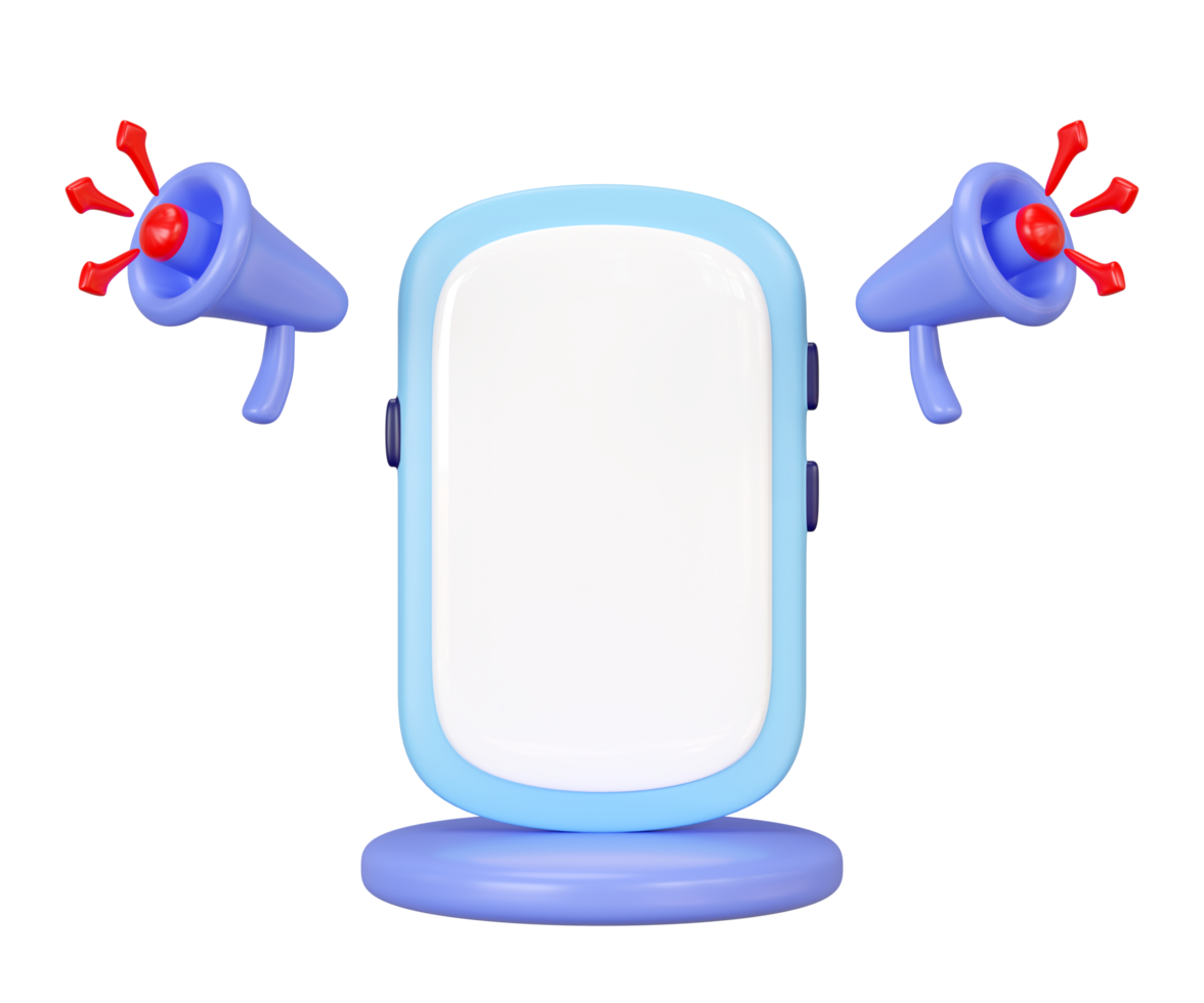 3d smartphone cartoon with podium, hand speaker, megaphone, arrow isolated. announce promotion news for social media networks, online marketing shopping concept, 3d render png