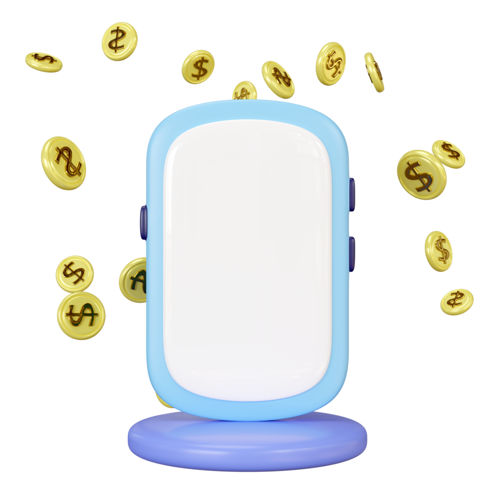 3d mobile phone, smartphone cartoon with explosion of dollar coins isolated. investment, Internet banking, mobile payments, online shopping, online financial concept, 3d render png