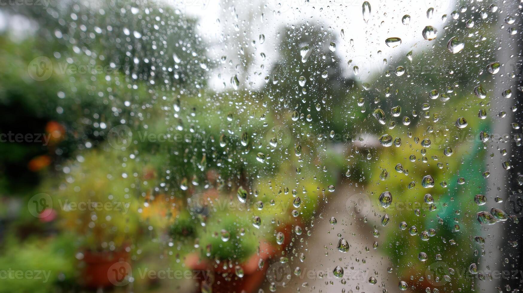 Nostalgic view of an old radio, with rain streaming down the window creating a blurred bokeh effect, evoking a calm and reflective atmosphere. photo
