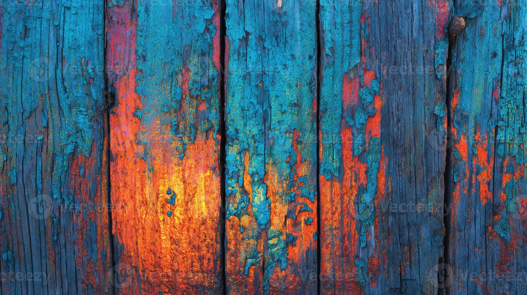 Distressed Wood Texture A vibrant aged wooden surface featuring layers of turquoise and orange peeling paint, providing a unique abstract background photo