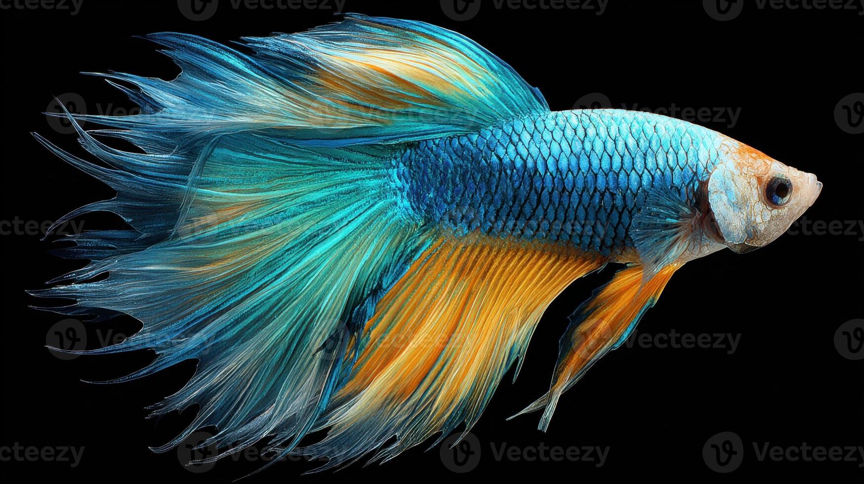 Vibrant Siamese Fighting Fish swimming elegantly showing off its flowing fins, displaying colors of blue and yellow in contrast to a black background. photo
