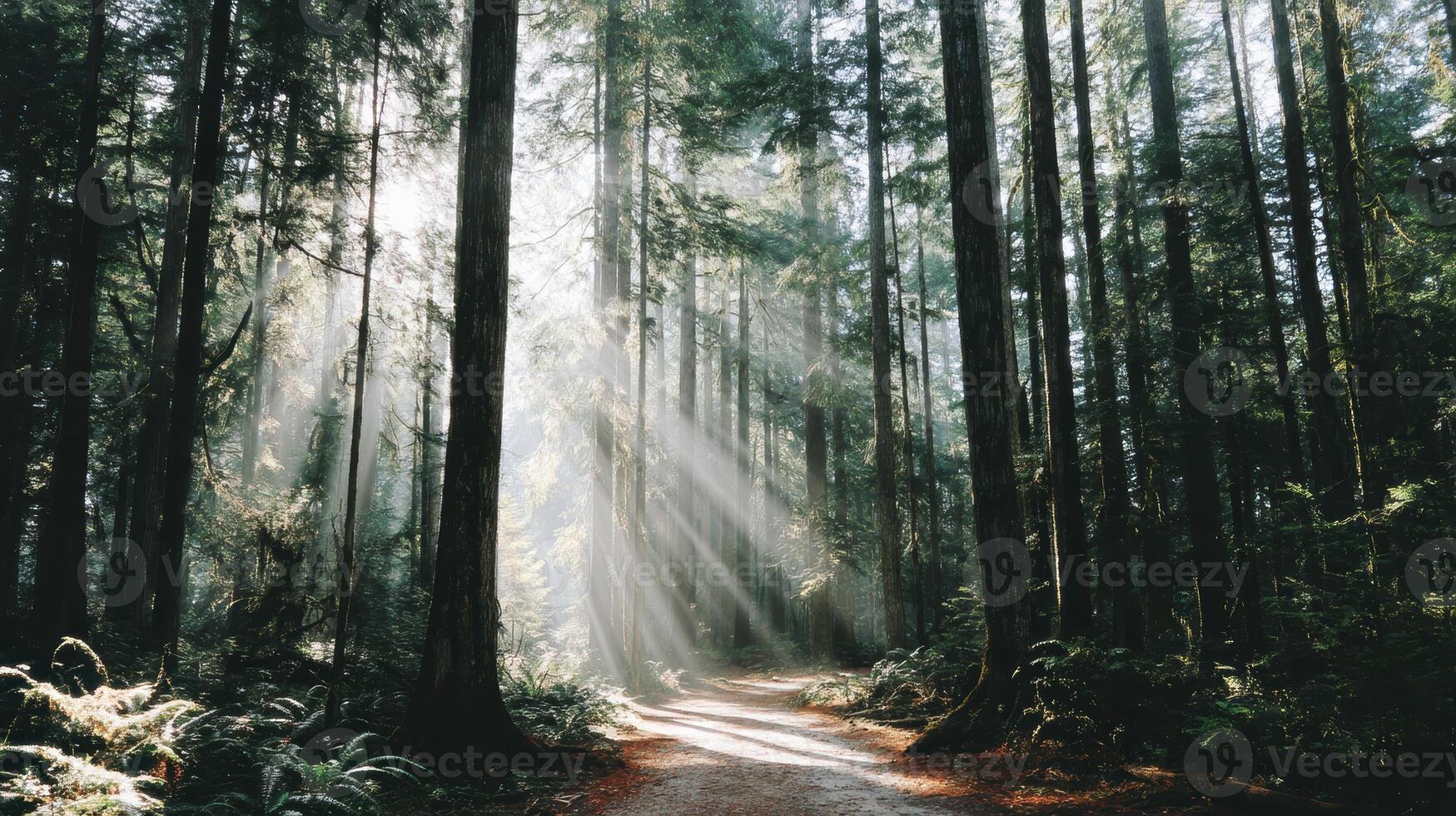 Sunlight streams through the towering trees in a lush forest, creating a peaceful and serene atmosphere on a pathway, capturing the magic of nature photo