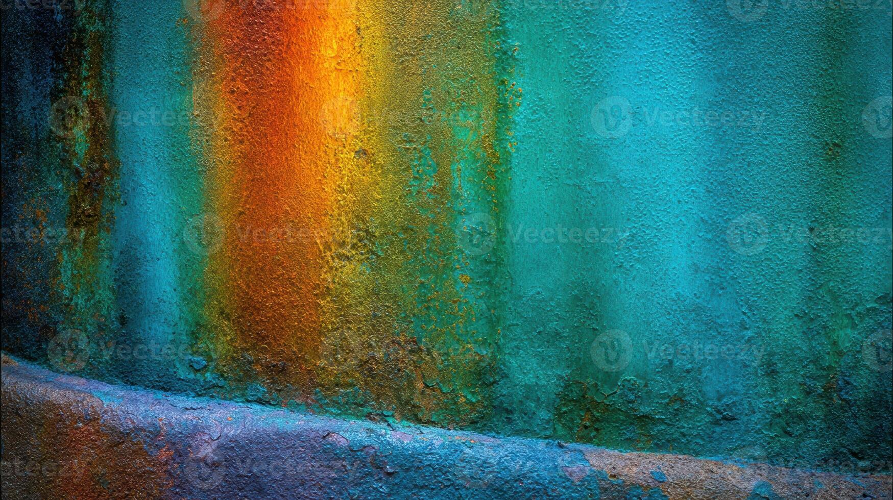 Abstract oxidized copper wall displaying streaks of vibrant orange, yellow, and teal with a textured surface, suggesting age and artistic decay. photo