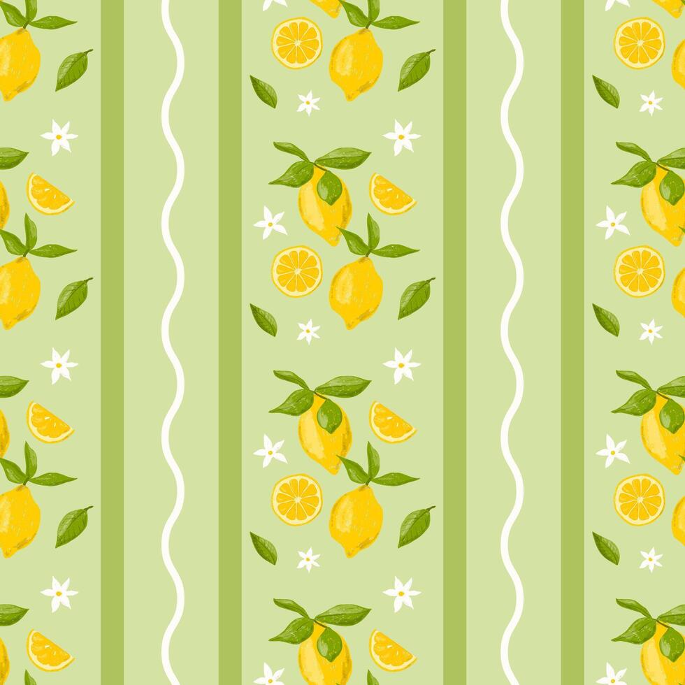 Hand drawn of colored crayon of lemons on branch. Leaves and flowers of citrus fruits. Italian summer seamless pattern in Mediterranean vintage style. Print, vintage wallpaper on the wall vector