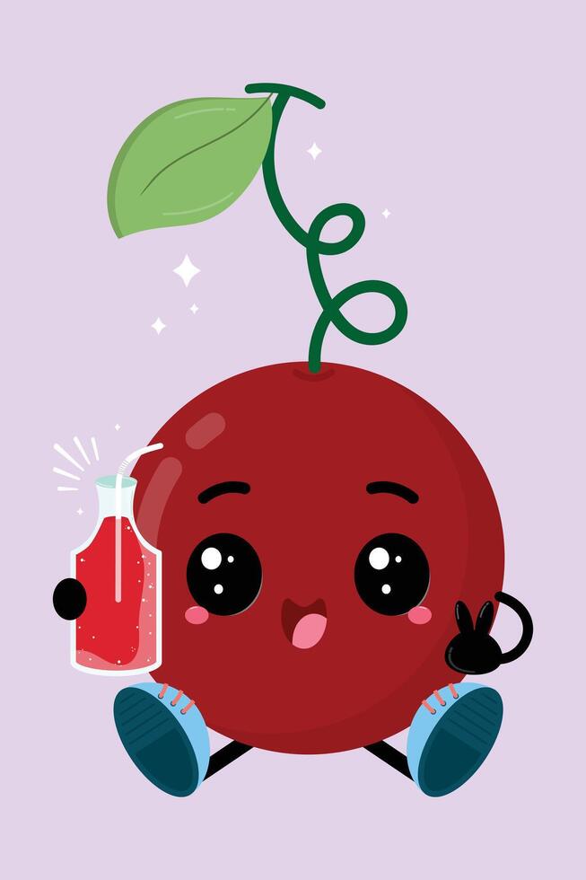 Cute And Happy Sweet Cherry Fruit Cartoon With A Bottle Of Fresh Juice vector
