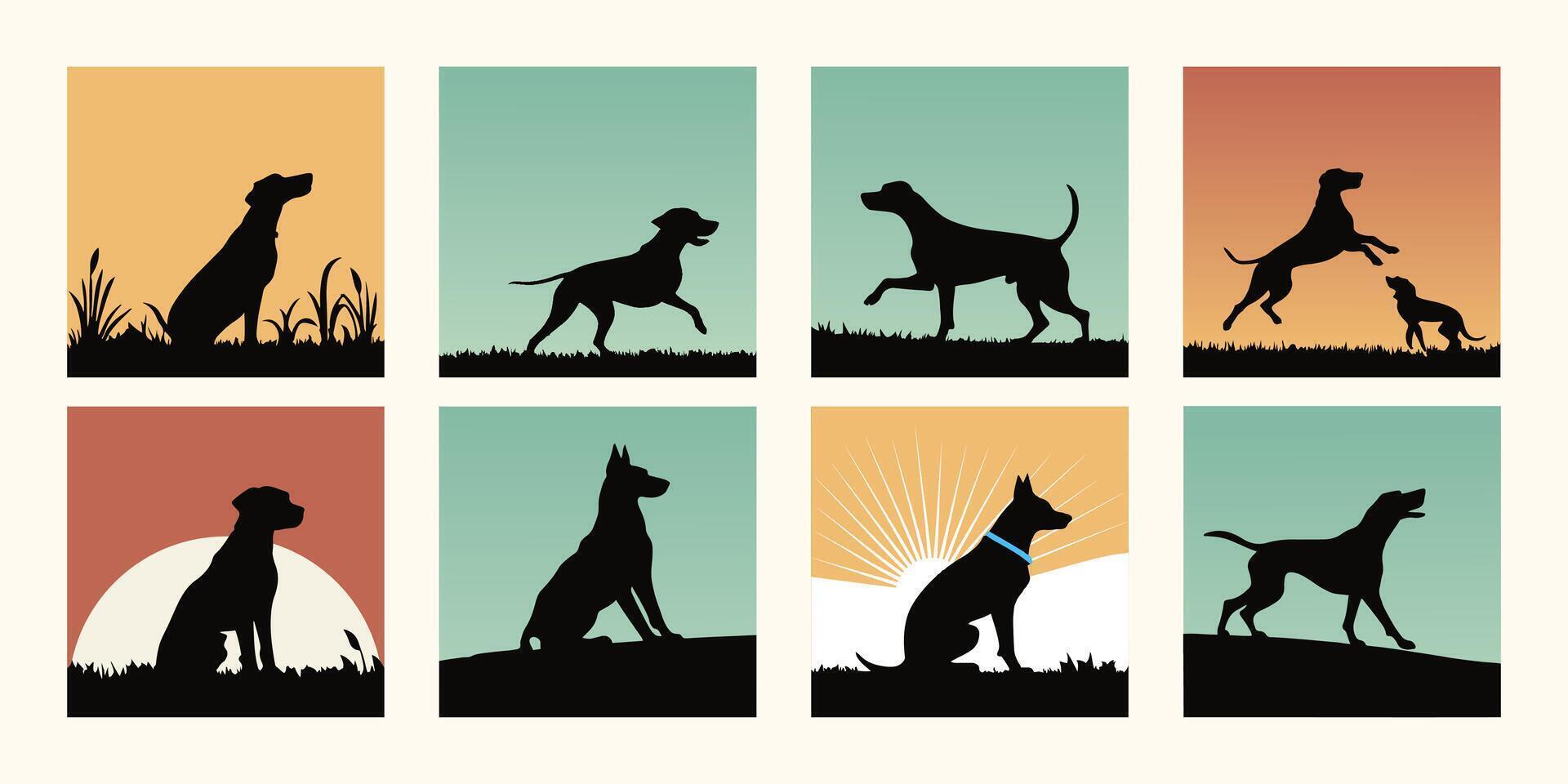 Silhouette Dog Set - 8 Playful Designs for Pet, Themed Graphics and Prints vector