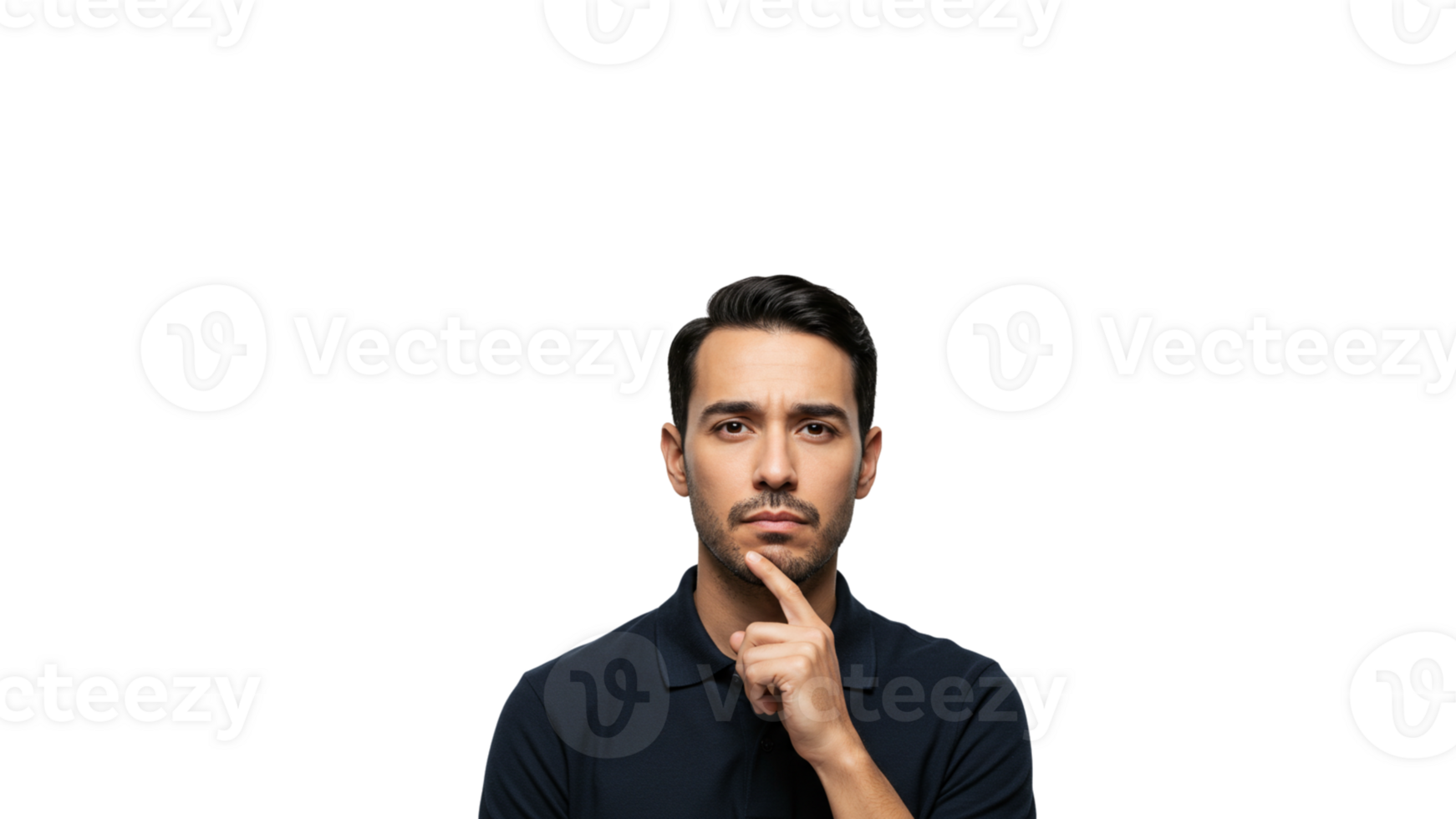 thinking clipart, Man Thinking with Finger on Chin and Thought Bubble Overhead, transparent - 2 png