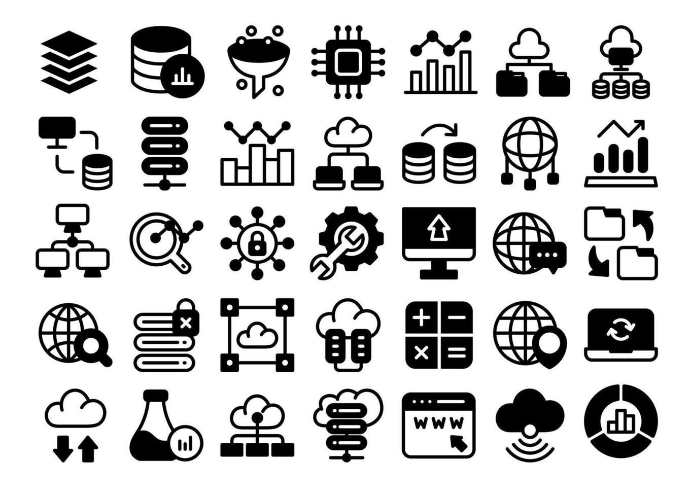 Database glyph icons set.Data analysis, statistics,web signs collection. vector