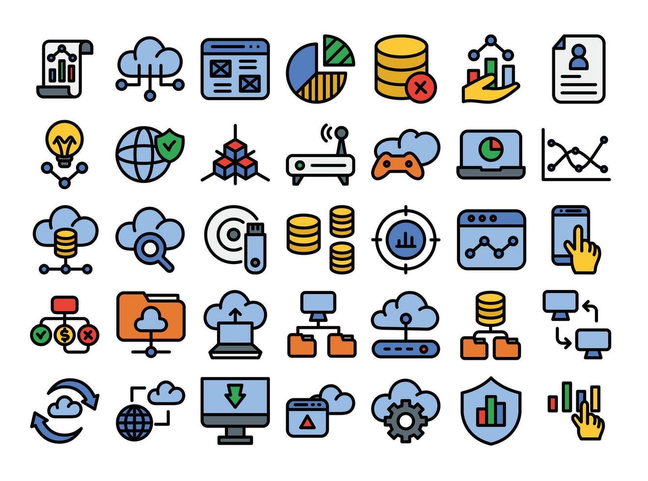 Database filled outline icons set.Data analysis, statistics,web signs. illustration vector