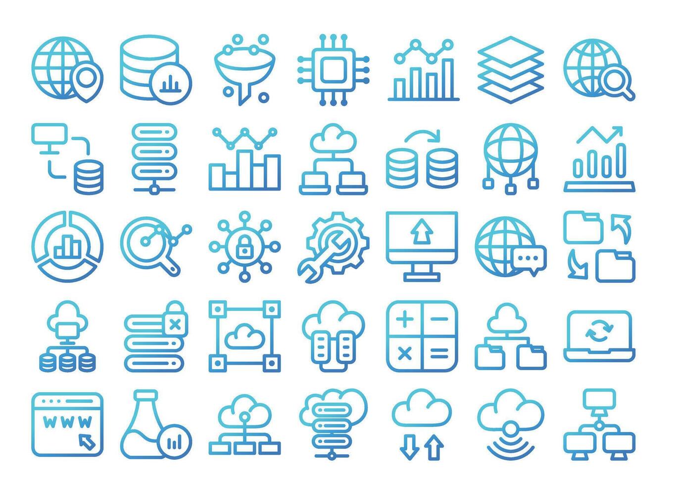Database gradient outline icons set.Data analysis, statistics, analytics web signs collection. vector