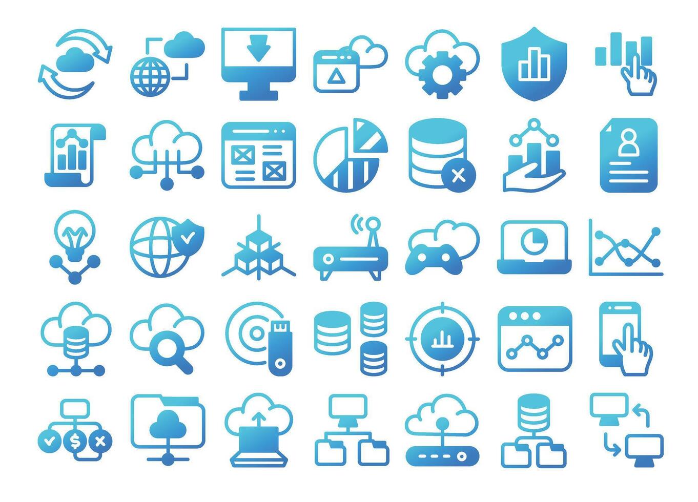 Database gradient icons set.Data analysis, statistics, analytics web signs collection. vector