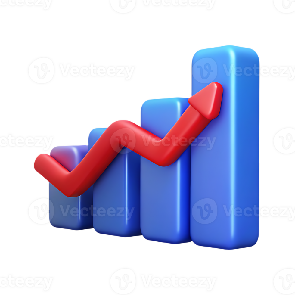 Vivid 3D Rendering of a Rising Bar Graph with an Upward Trending Arrow png