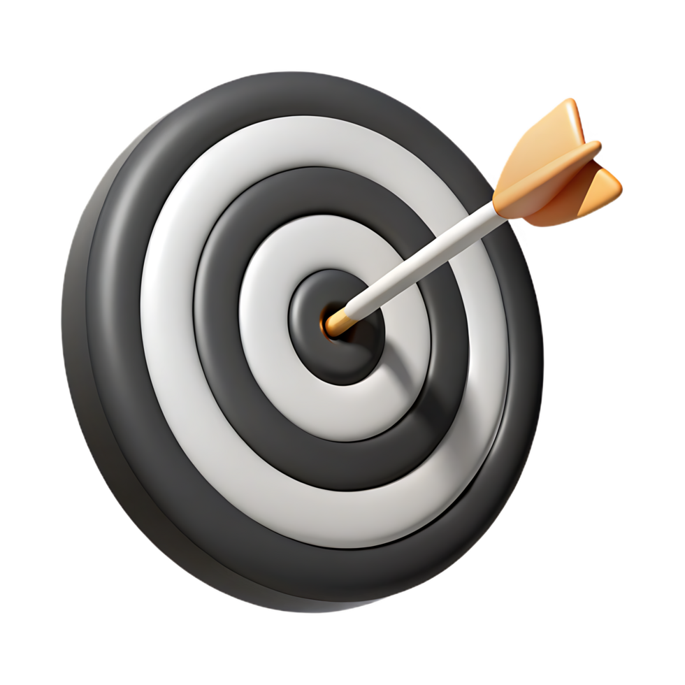 3D Rendered Target with Arrow Hitting Bullseye Showing Precision Accuracy and Goal Achievement png