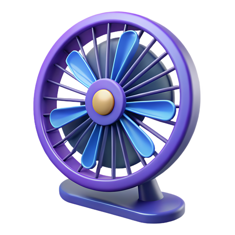 A 3D rendering of a modern-style fan in blue and purple tones isolated png