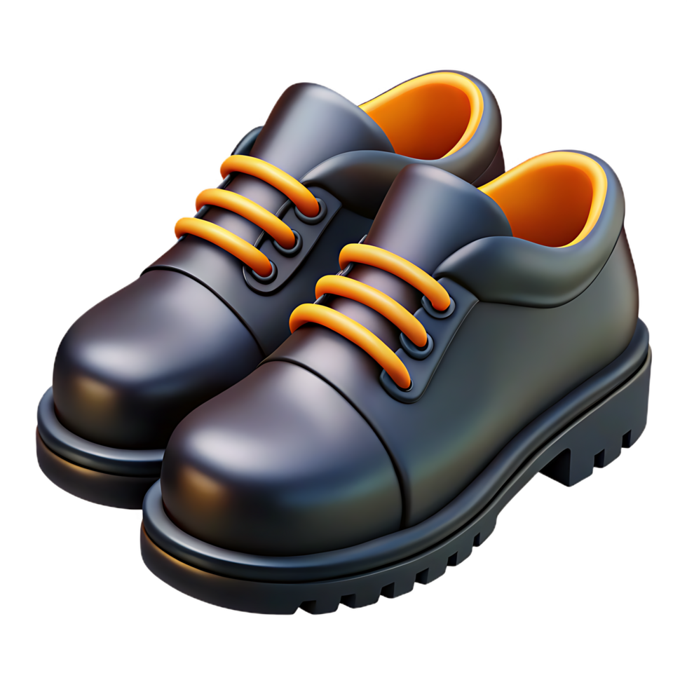 Stylized 3D Rendering of Black Leather Shoes with Orange Laces png
