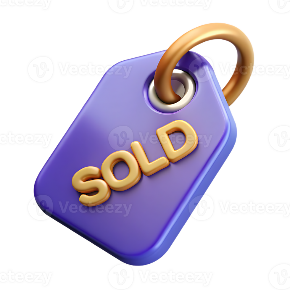 Purple Tag with Golden 'SOLD' Text, 3D Rendered Symbol of Success png