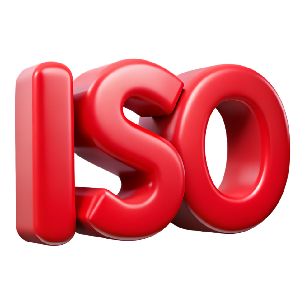 3D Rendering of ISO Text in Red, Illustrating Quality Standards and Certification png
