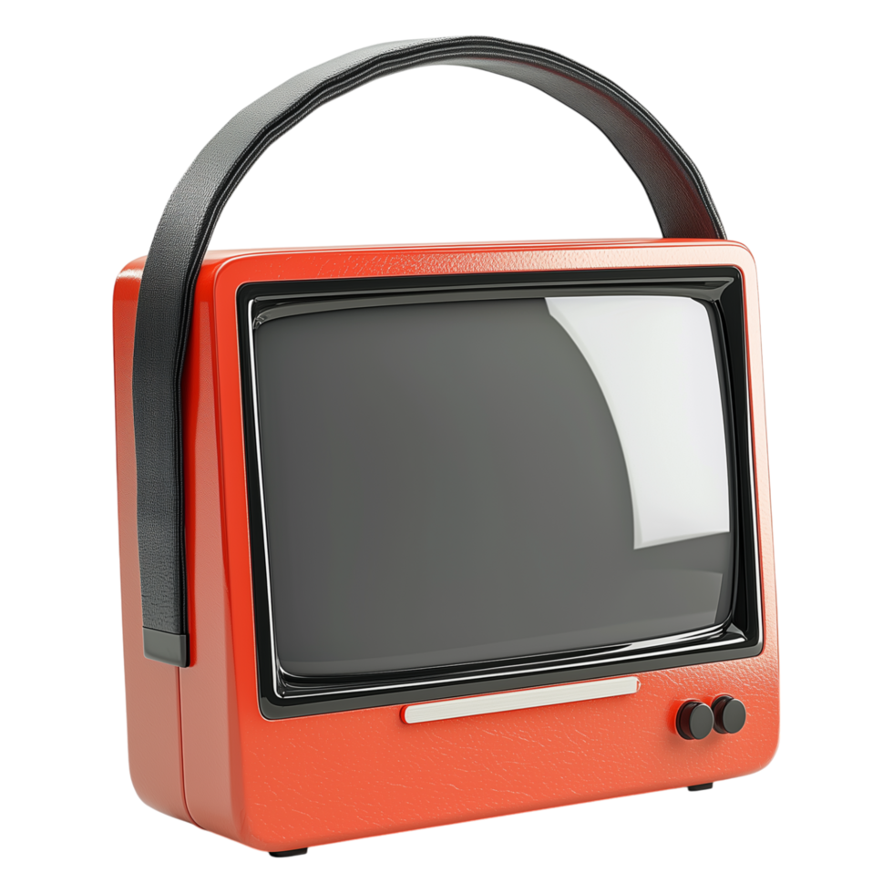 Retro portable television set with handle, vintage electronic device, technology icon png