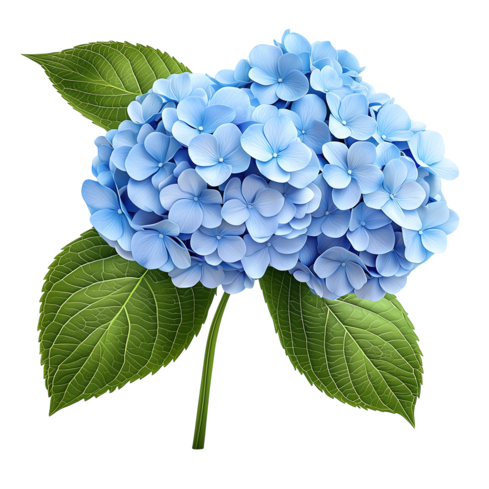 Serene hydrangea bloom, pale blue petals and lush green leaves png