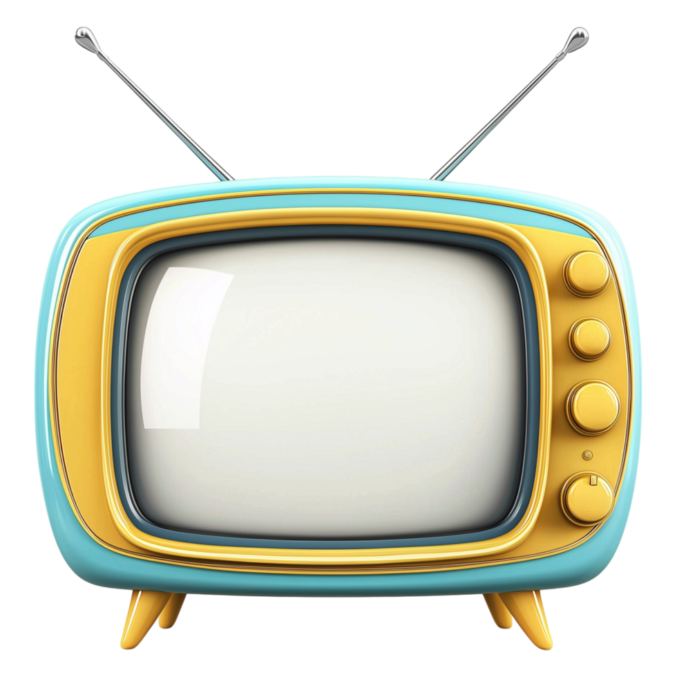 Stylish turquoise and gold retro television set with antennae, capturing nostalgia png