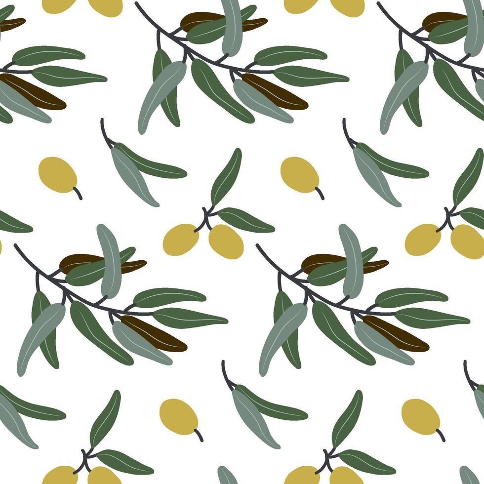 Seamless pattern of hand-drawn olive branches with green leaves and ripe yellow olives - ideal for food packaging, fabric, kitchen decor, organic branding, and Mediterranean product design. vector