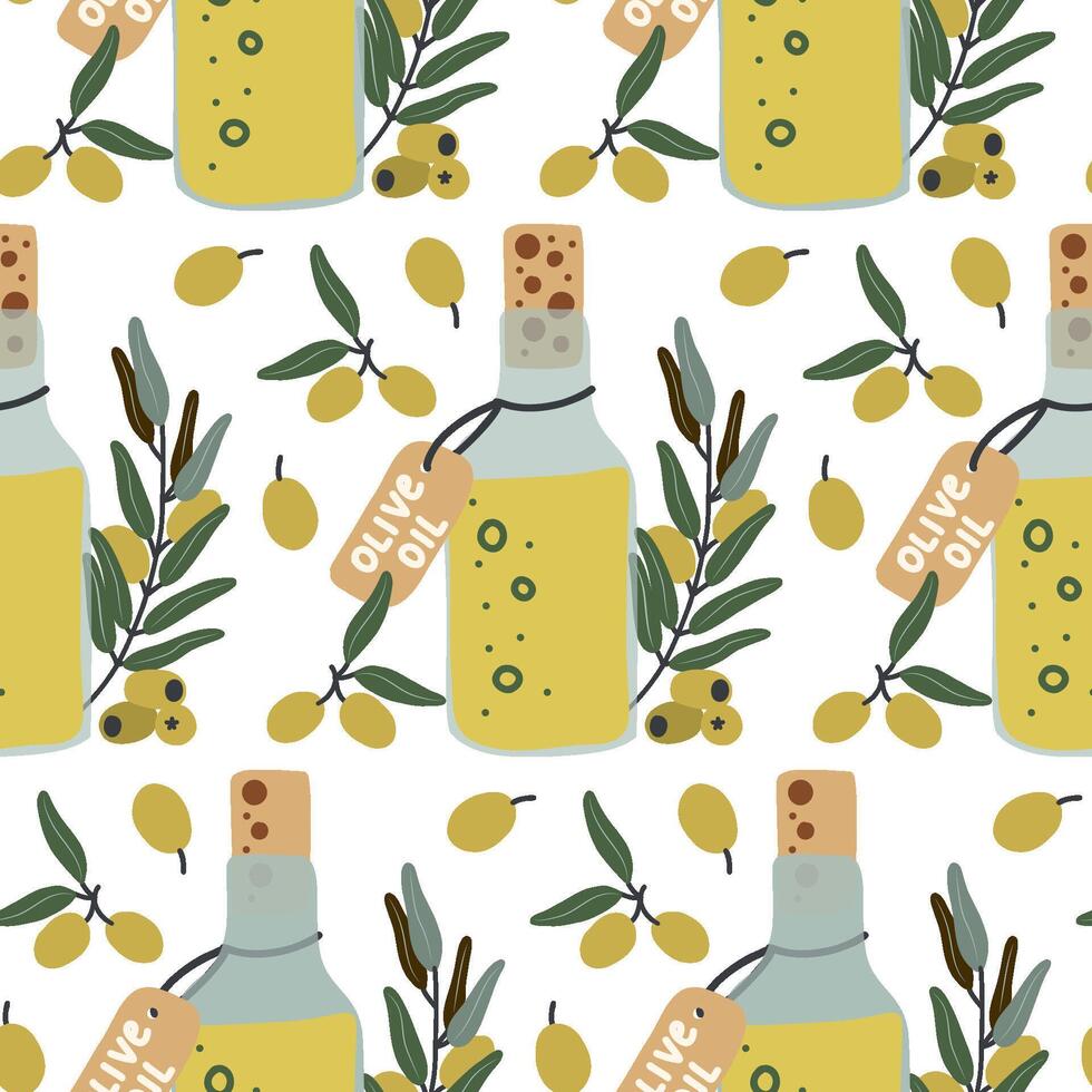 Seamless pattern with olive oil bottles, corks, and olive branches, hand-drawn cartoon style design ideal for organic product packaging, healthy food branding, kitchen decor, and textile prints vector