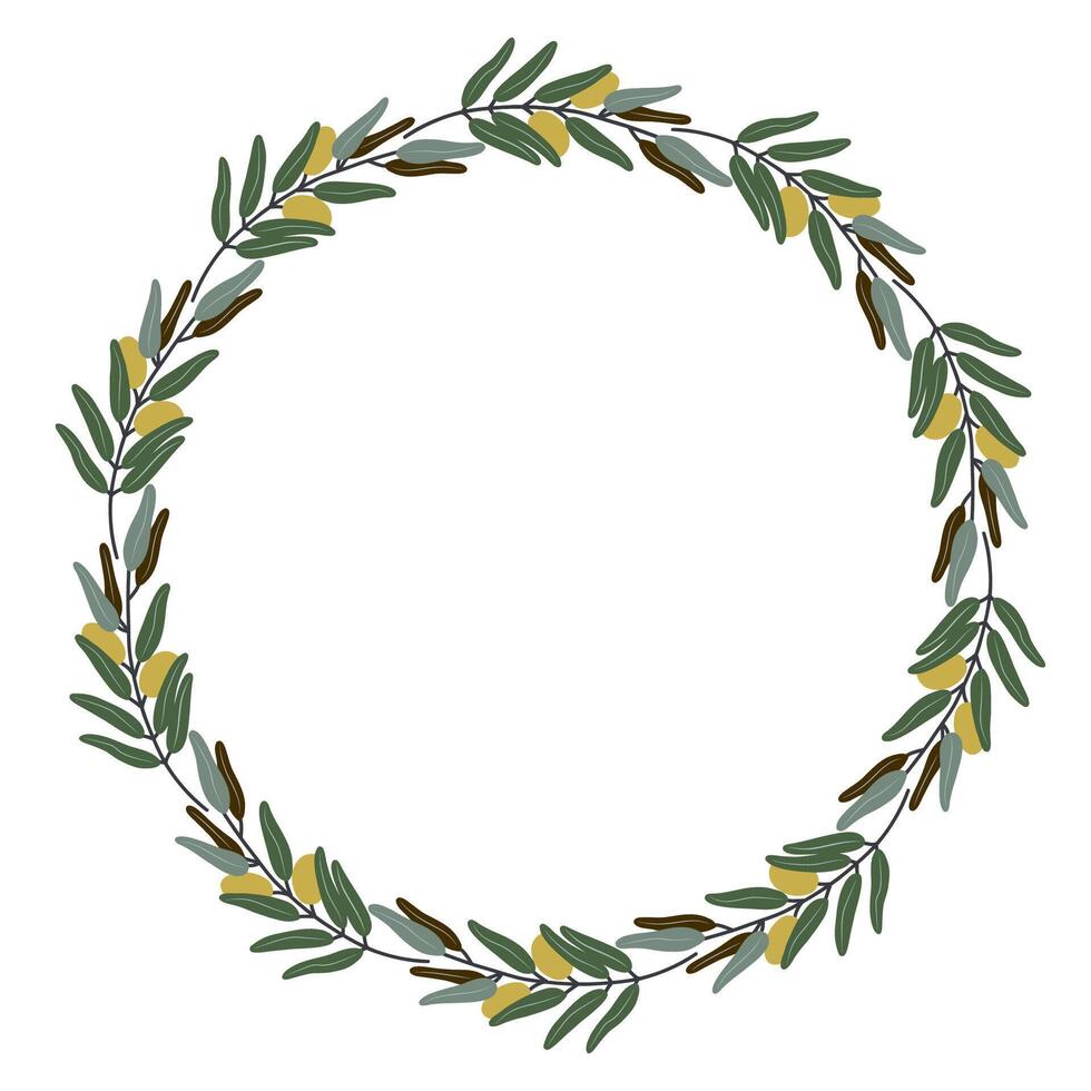 Hand-drawn olive wreath with green leaves and ripe olives in a circular botanical frame - perfect for Mediterranean food labels, invitations, organic branding, packaging and natural product design. vector