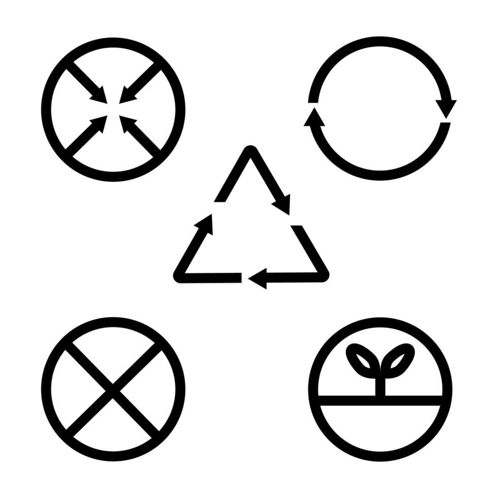 Zero waste 5R principles icon set - Reduce, Reuse, Recycle, Refuse, Rot - minimalist black outline symbols for sustainability, eco-friendly practices, waste management, and environmental education. vector