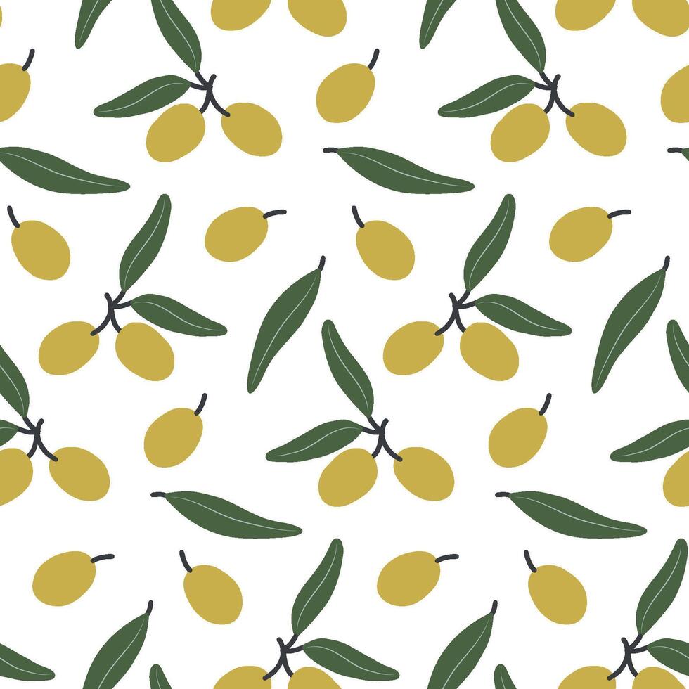 Seamless pattern of hand-drawn olive branches with green leaves and ripe yellow olives - ideal for food packaging, fabric, kitchen decor, organic branding and Mediterranean product design. vector
