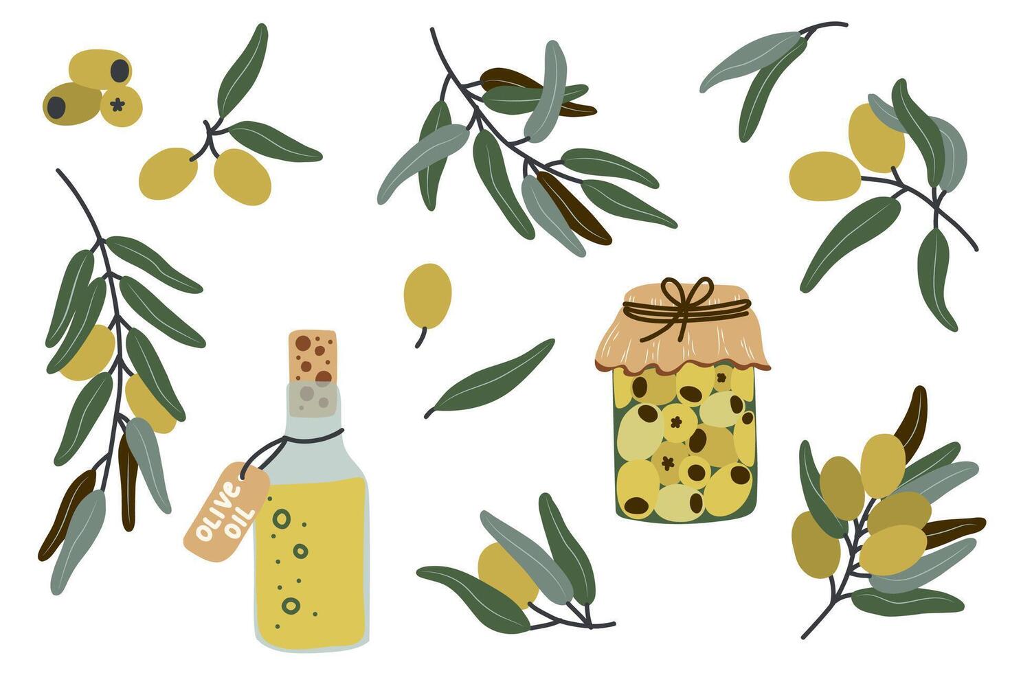 Rustic olive oil and olives illustration set with glass bottle, leafy branches, and pickled jar - perfect for culinary design, packaging, Mediterranean recipes, and organic product branding. vector