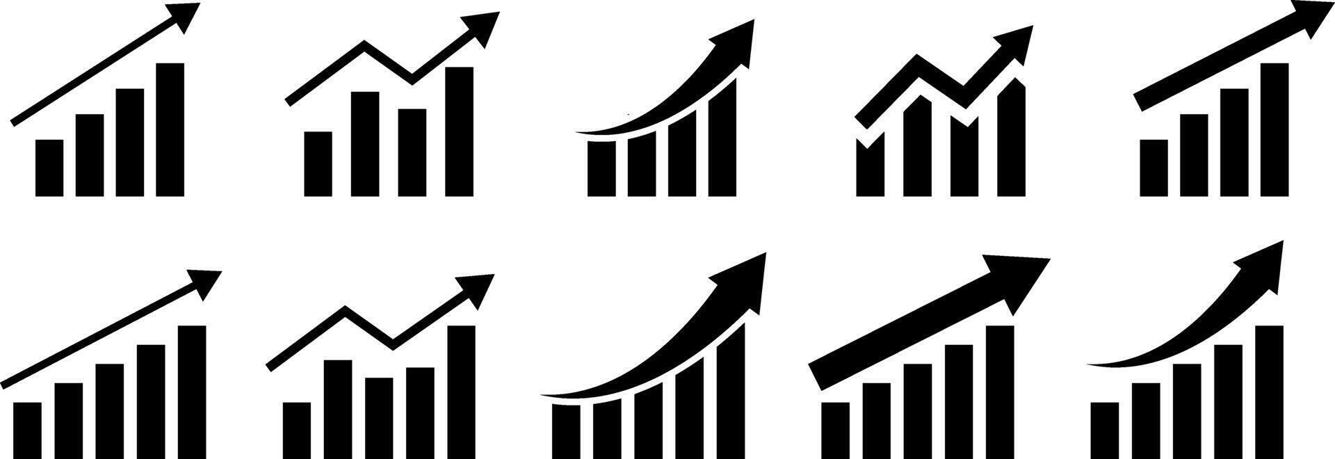 Growing graph icon set. increase decrease arrow. Profit chart graphic. up down market investment. business finance buttons vector
