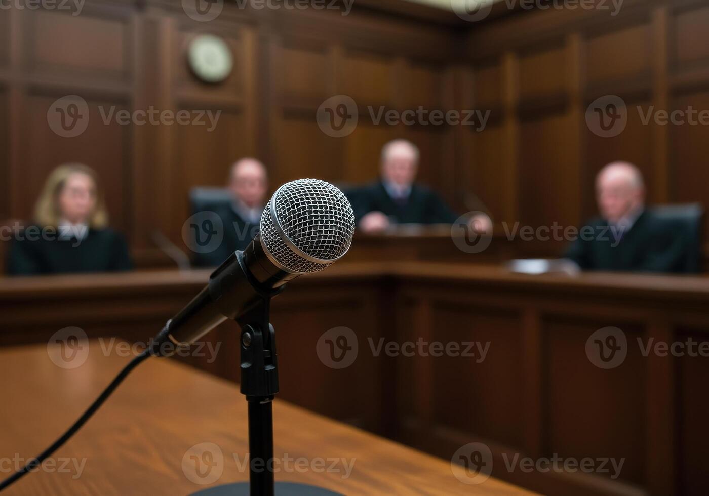 A microphone in front of a courtroom photo