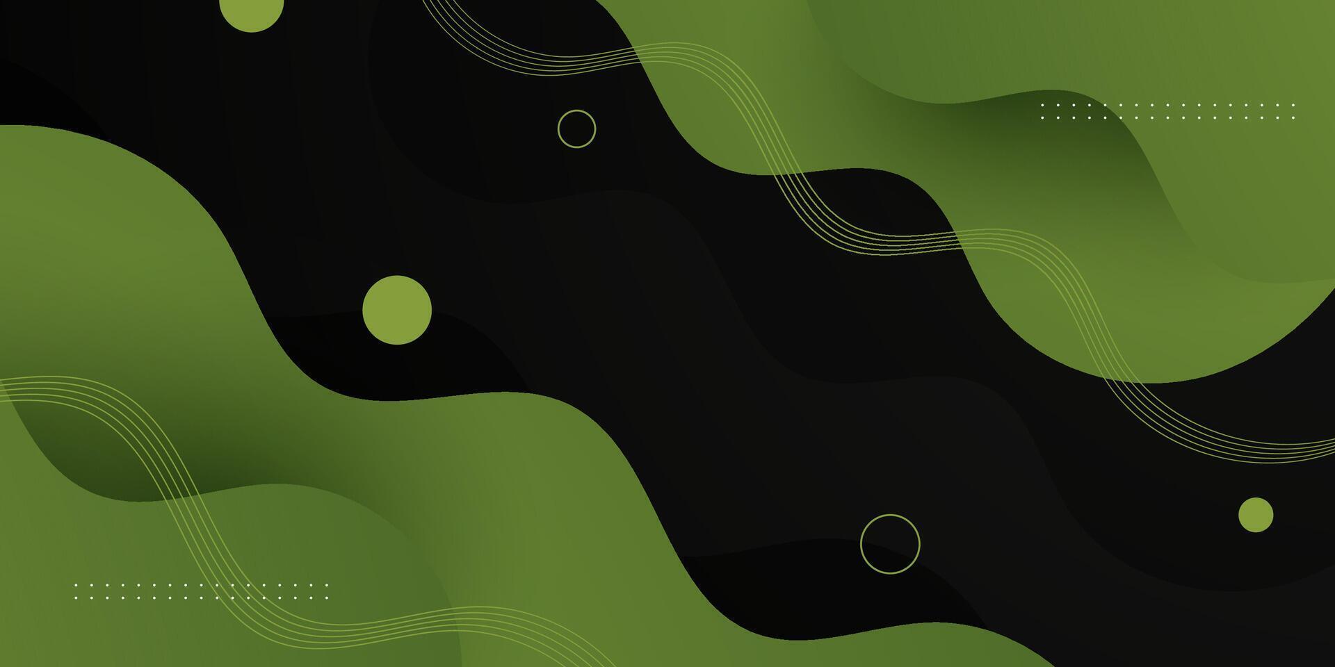 Abstract green wave fluid design on dark background. Trendy shapes pattern with lines and shadow. Simple banner design. vector