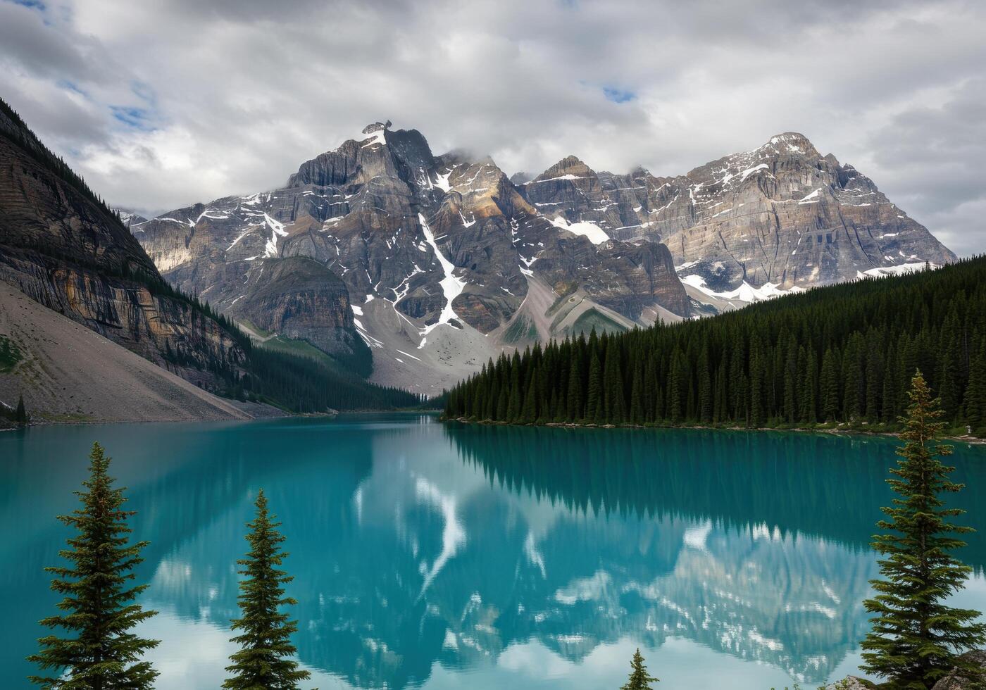 A mountain range is reflected in a lake photo