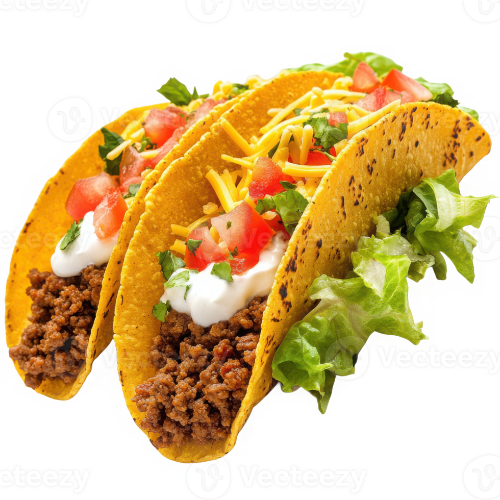 Three delicious tacos with meat on transparent background png
