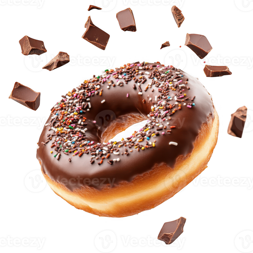 Chocolate donut with sprinkles floating on transparent background png
