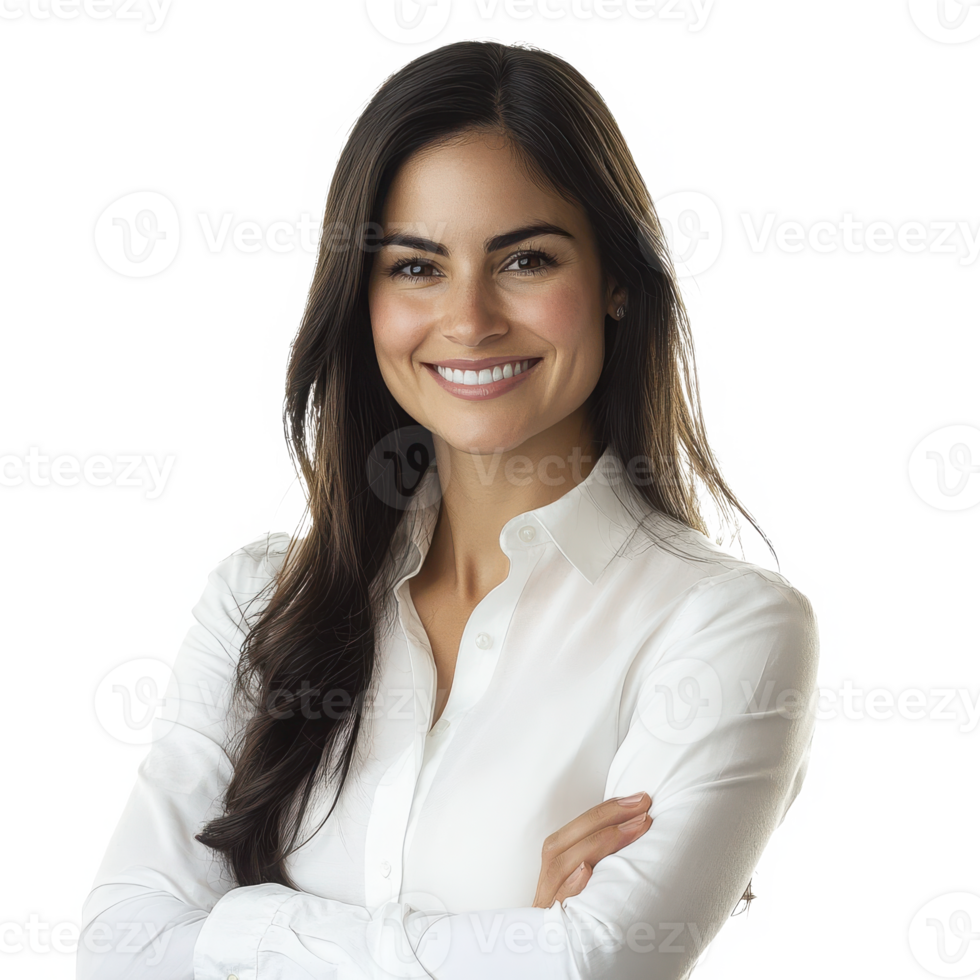 Smiling brunette woman with crossed arms on transparent background png