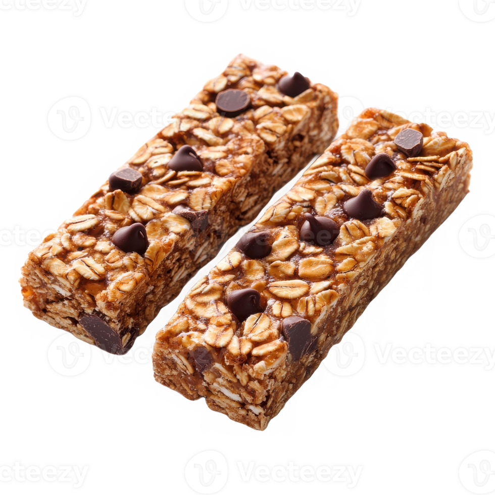 Two granola bars with chocolate chips on transparent background png
