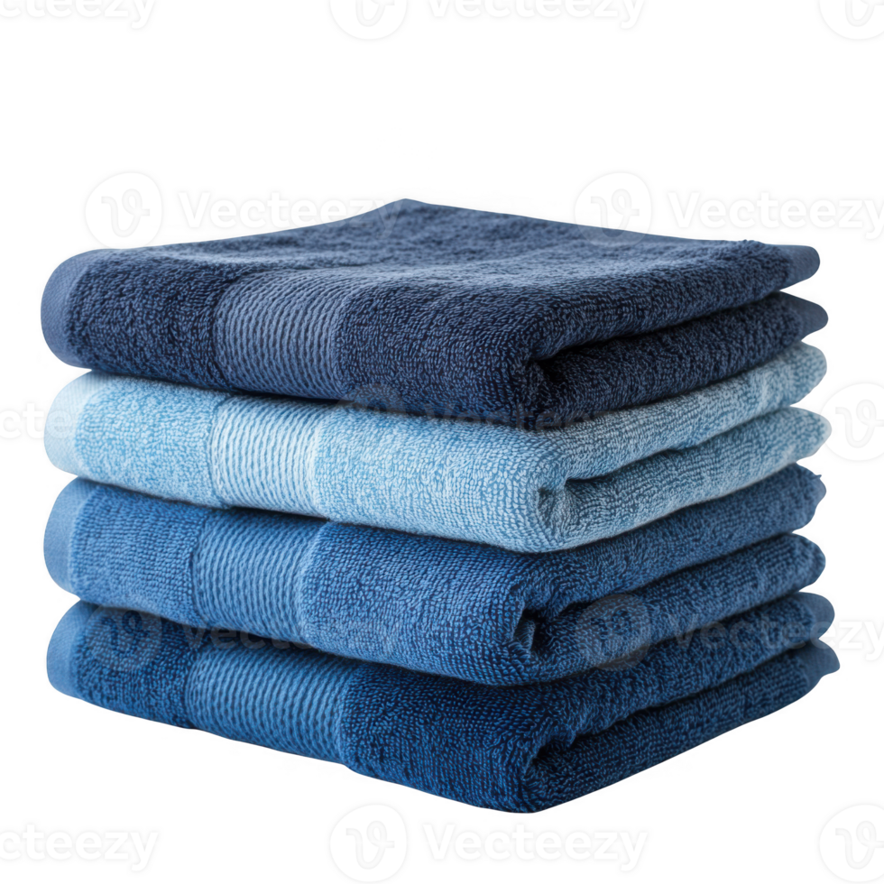 Stack of folded towels in blue tones on transparent background png
