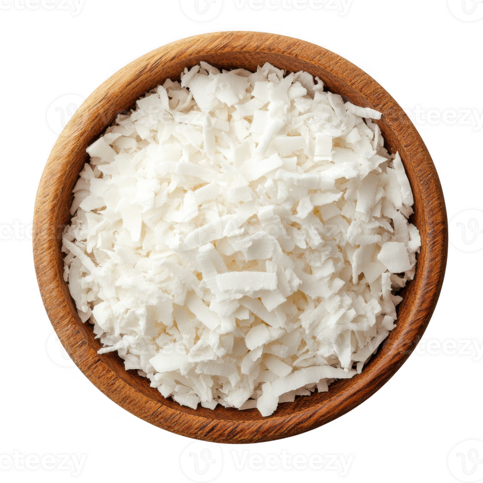 Coconut flakes in wooden bowl on transparent background png