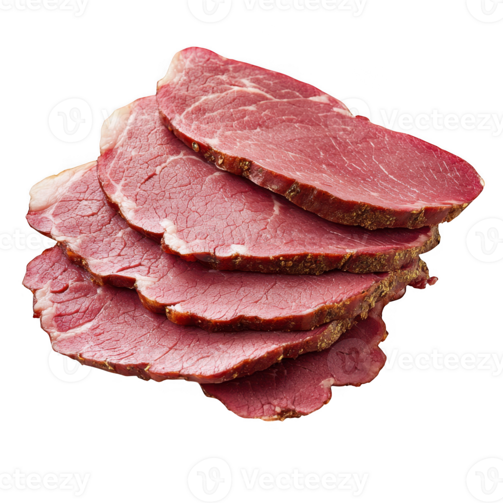 Sliced corned beef stack close up view on transparent background png