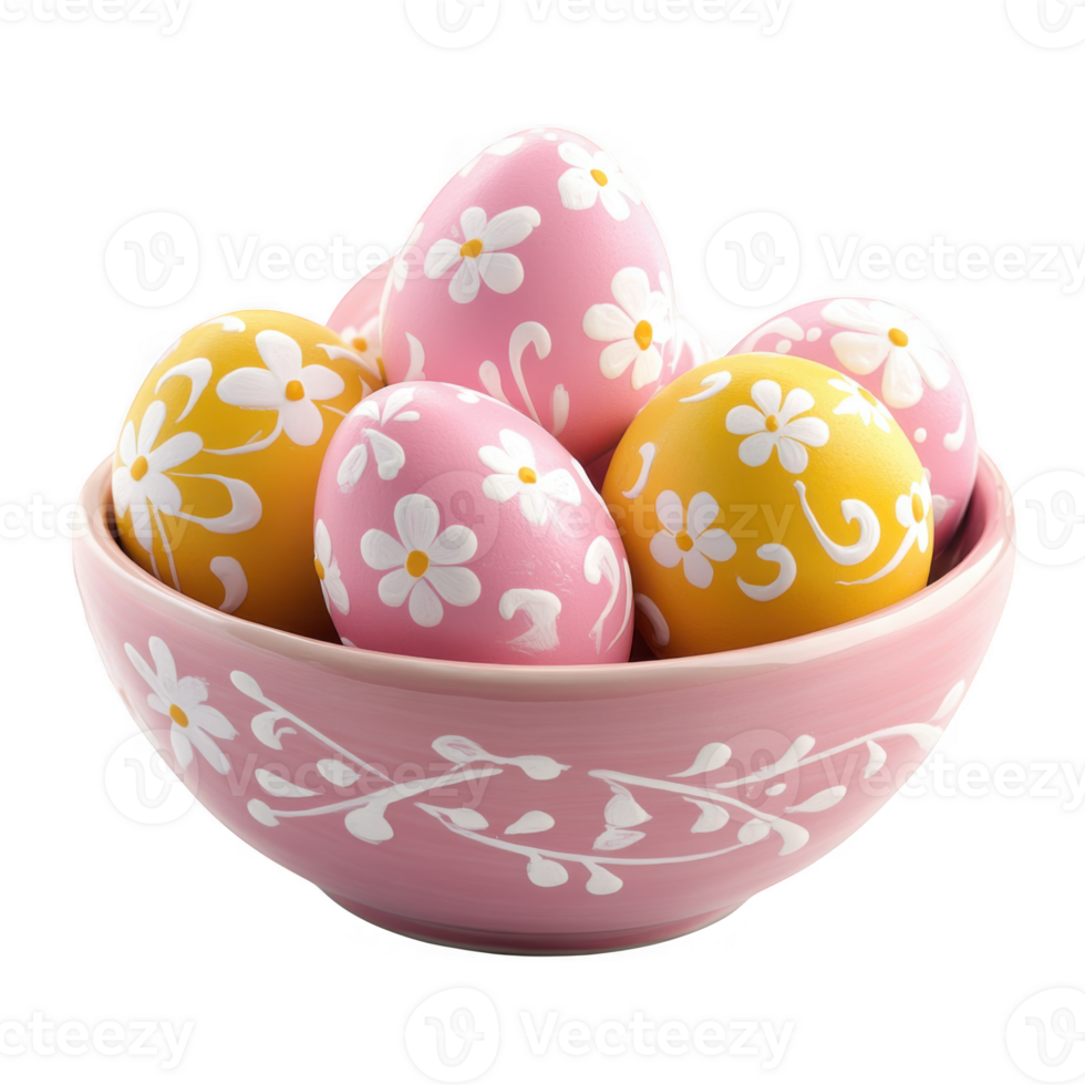 Decorated easter eggs in bowl on transparent background png