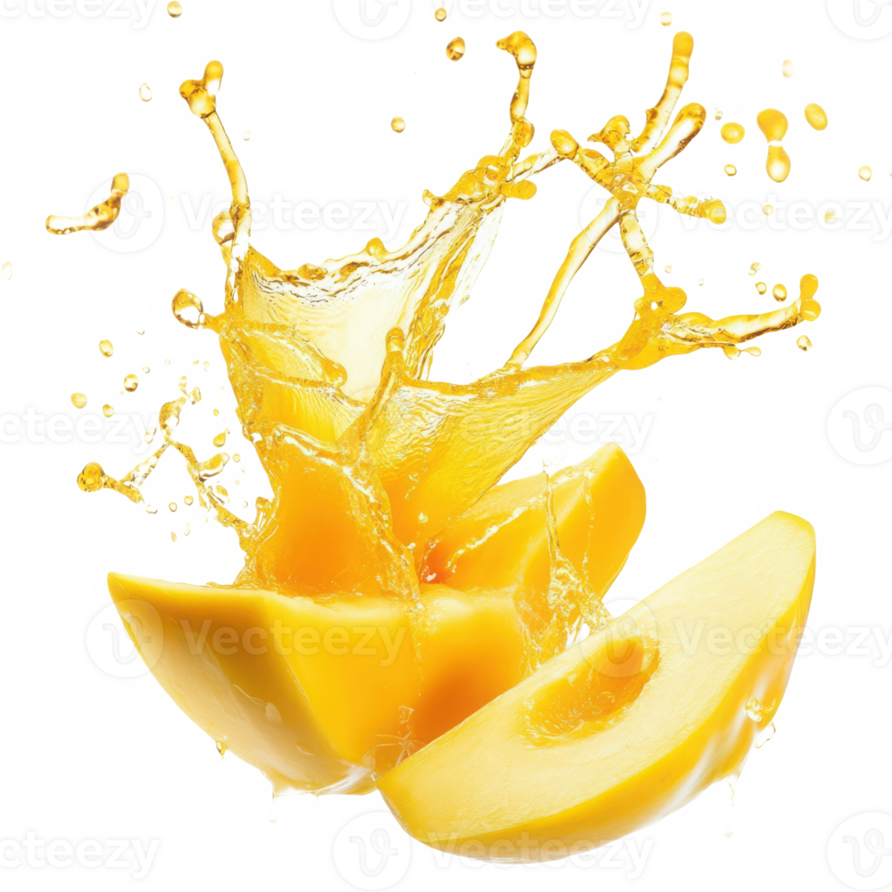 Mango slices with juice splash on transparent background png