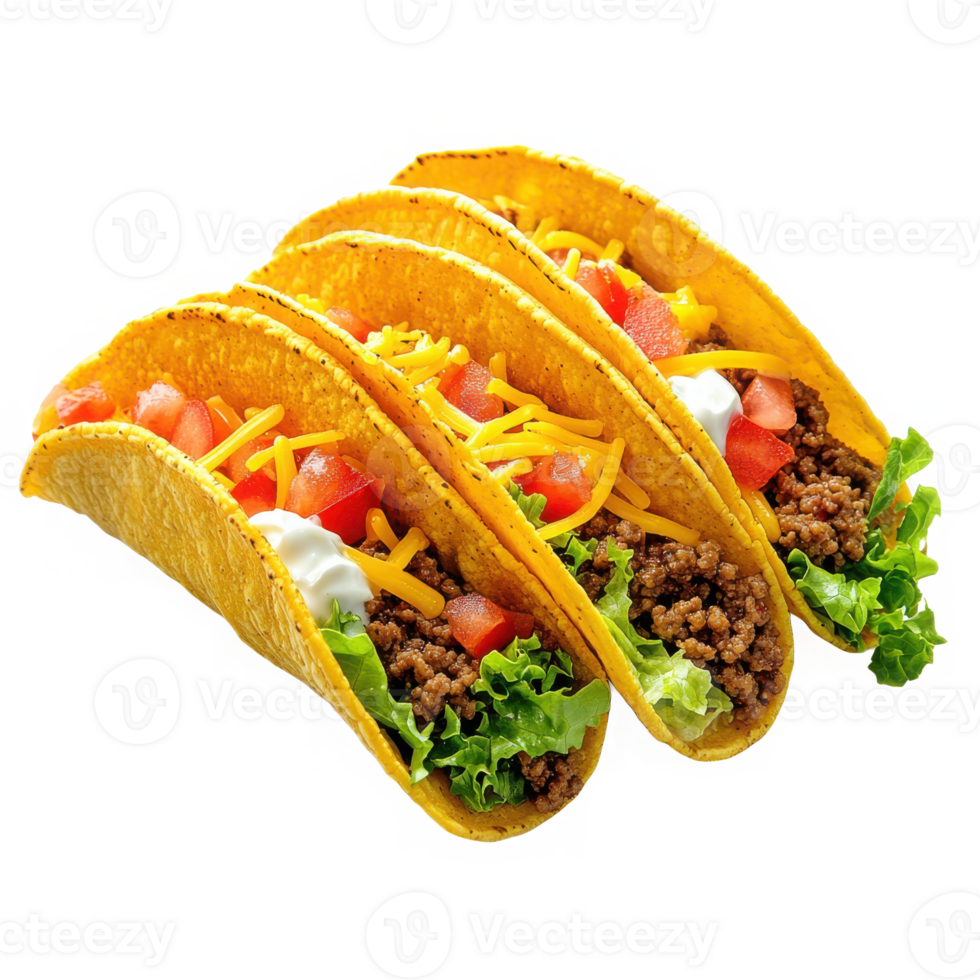 Three delicious tacos close up on transparent background png