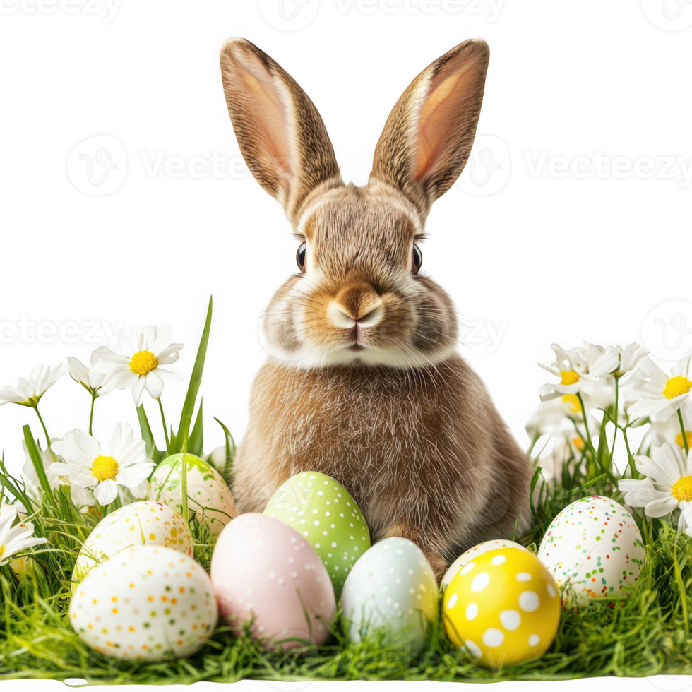 Cute bunny with easter eggs and flowers on transparent background png