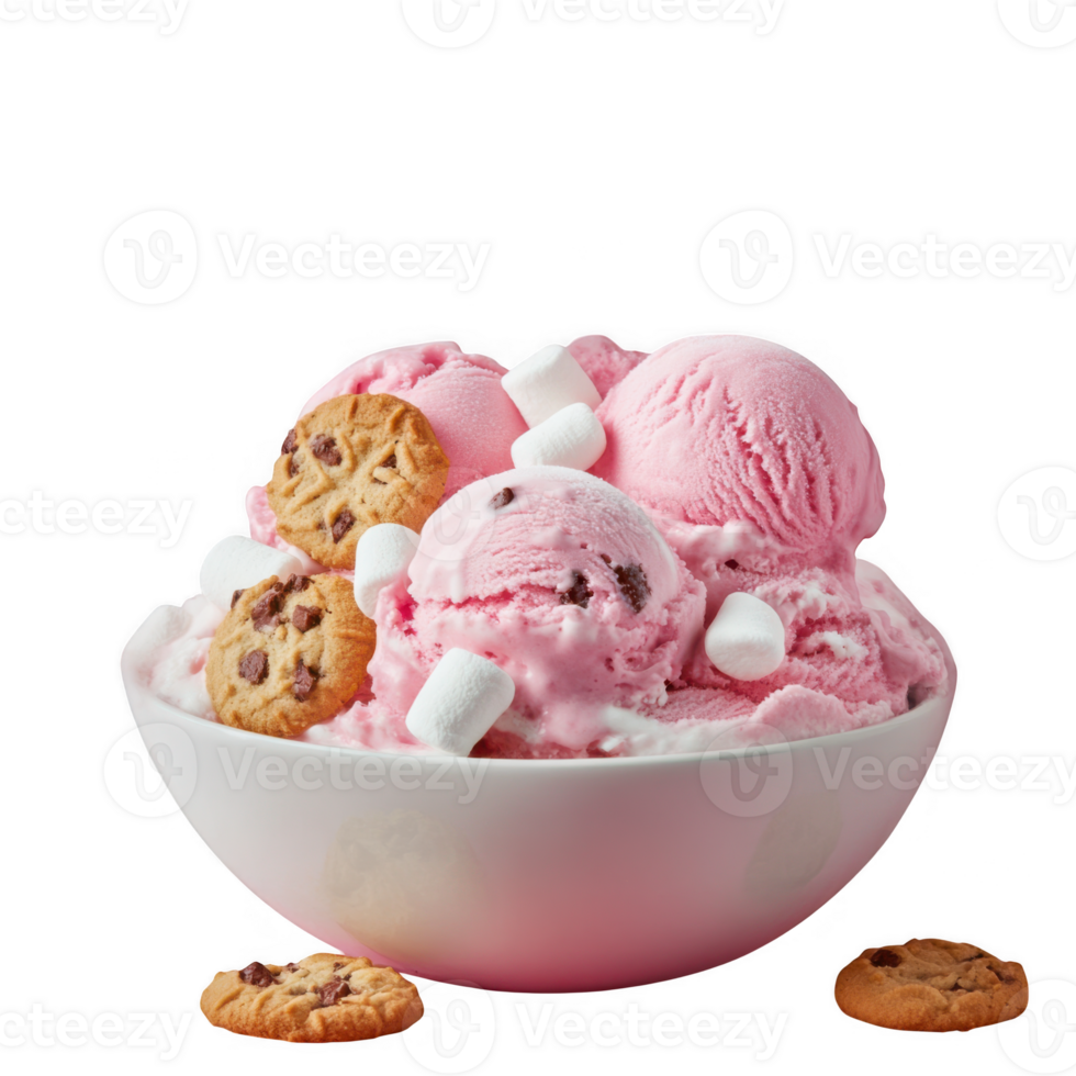 Bowl of pink ice cream with cookies on transparent background png