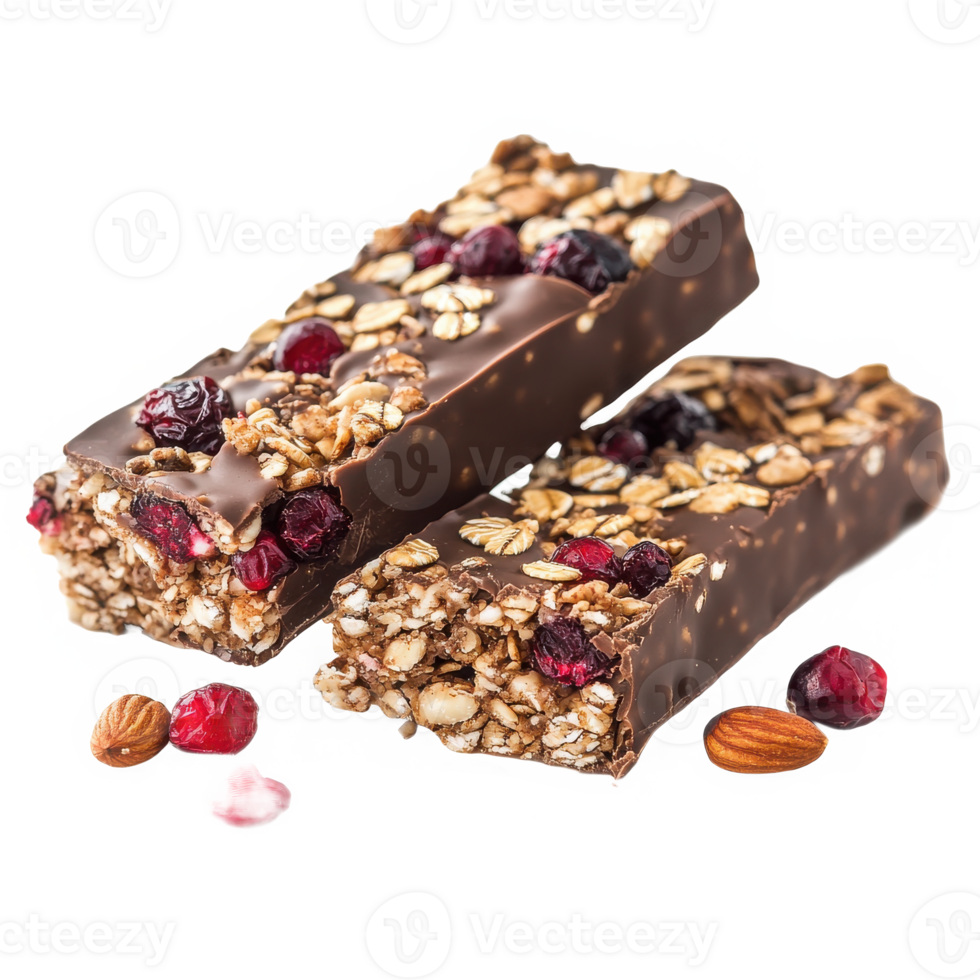 Two granola bars with chocolate on transparent background png