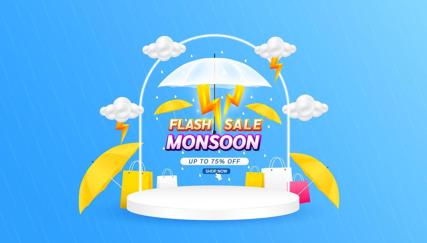 Monsoon super flash sale. UP TO 75 OFF with thunder sign. Shopping under umbrella in rain with special offer sale campaign promotion. For social media ads with blank product rainbow podium scene. vector