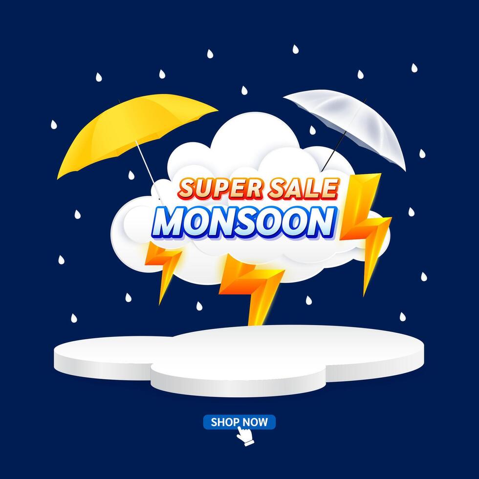 Monsoon super sale. With yellow thunder sign on clouds. Shopping under umbrella in rain. Special offer sale campaign or promotion. For social media and blank product rainbow podium scene. vector