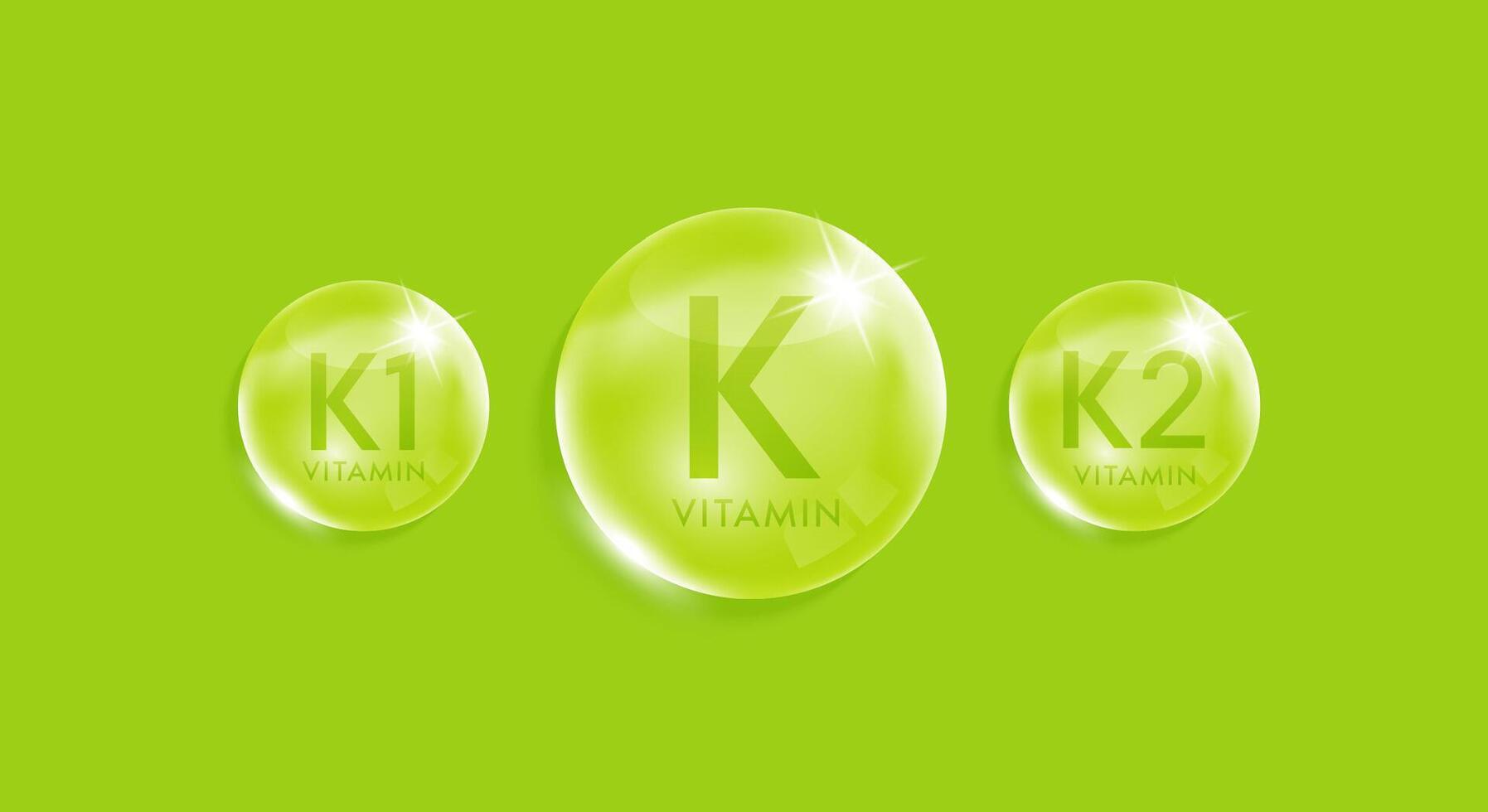 Vitamin K complex droplet. Chemical formula nature extracted from fruits and vegetables. Minerals water green. Beauty treatment nutrition skin care. Medical scientific concepts. vector